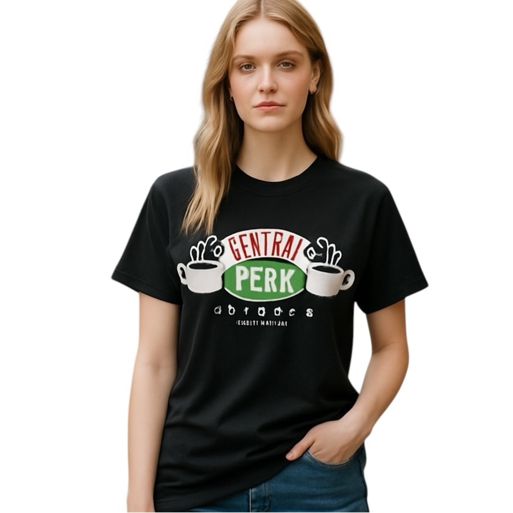 FRIENDS TV SHOW CENTRAL PERK COFFEE GRAPHIC BLACK TEE SHIRT S